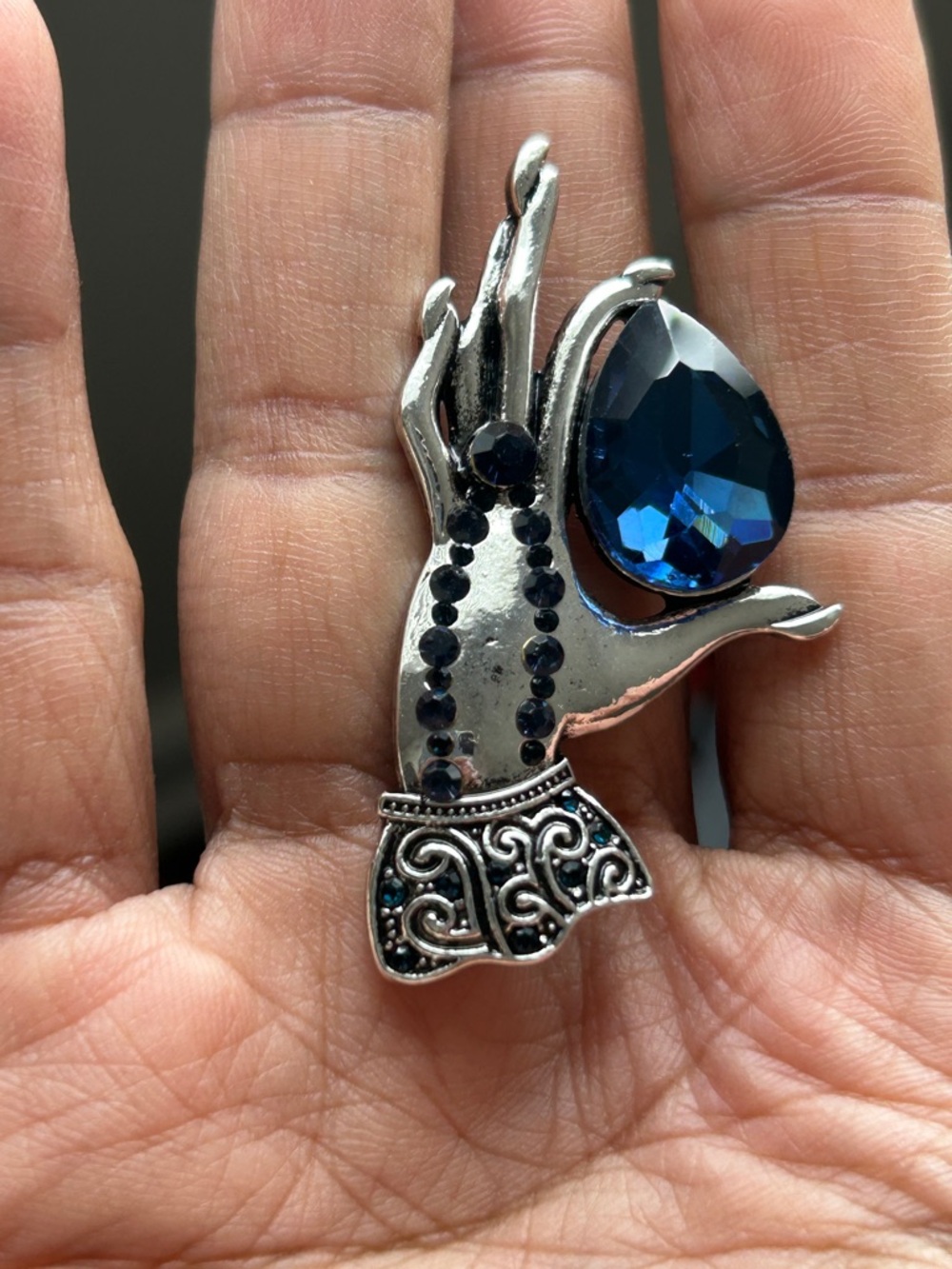 Silver Hand Brooch with Deep Blue Teardrop Crystal - Women Jewelry